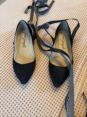 Free People Black Suede Pointed Lace-Up Flats with Wrap Ties